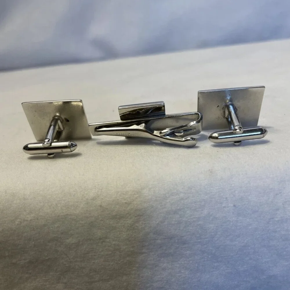 Vintage Swank Tie Tack Pin Cuff Links Silver Tone Black Accent Bullet Backing